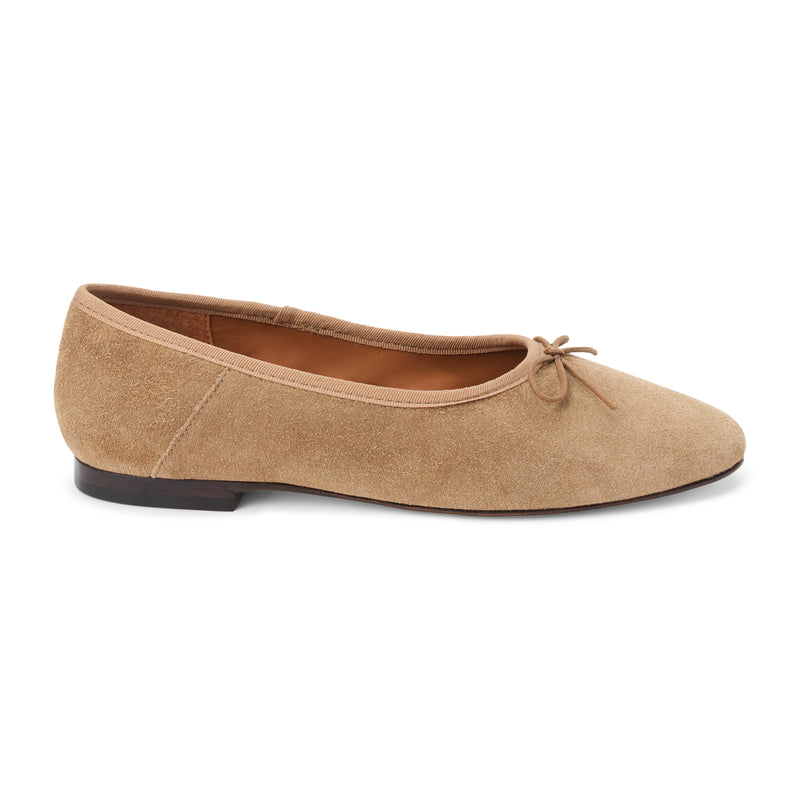 Marie Ballet Flat - Lenore by Matisse - Light tan suede ballet flats with a classic round-toe silhouette, delicate bow detail, and padded leather insole. A timeless essential for effortless everyday elegance.