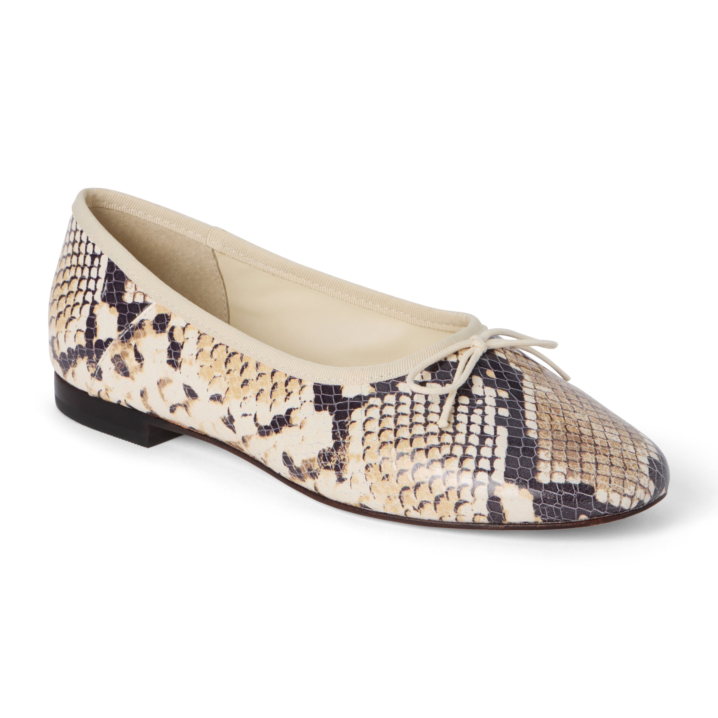 Tan, brown, and black snake-print leather ballet flat with an ivory bow, rounded toe, tonal trim, and low heel shown on a white background.