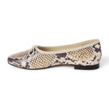 Tan, brown, and black snake-print leather ballet flat with an ivory bow, rounded toe, tonal trim, and low heel shown on a white background.