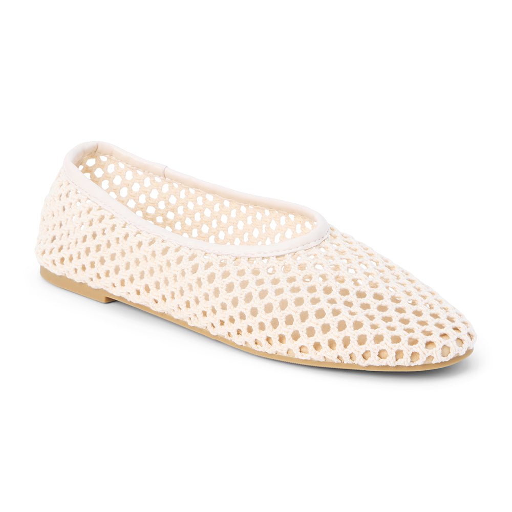 Ivory woven mesh ballet flat with a closed toe, low-profile sole, and slip-on design, shown on a white background.