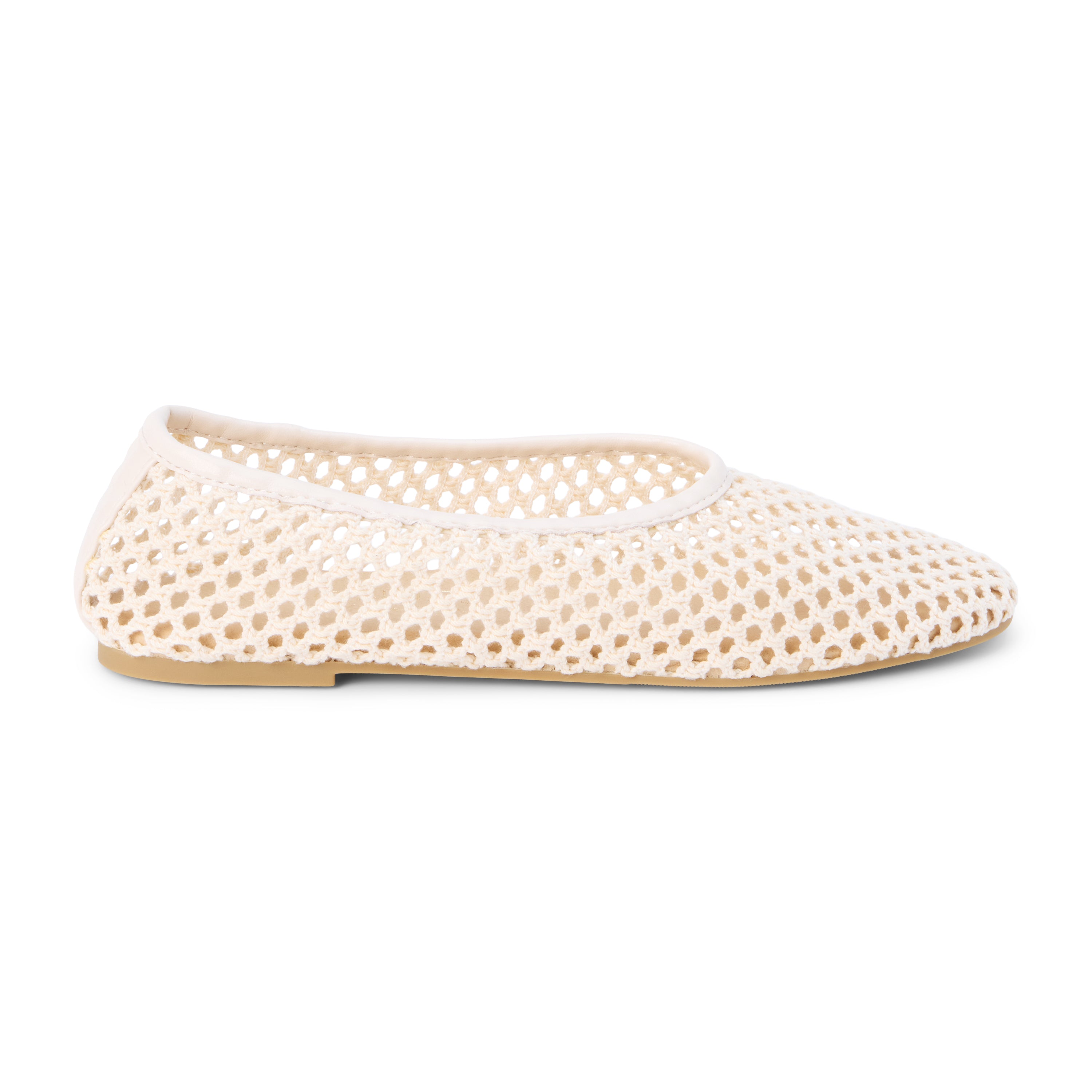 Ivory woven mesh ballet flat with a closed toe, low-profile sole, and slip-on design, shown on a white background.