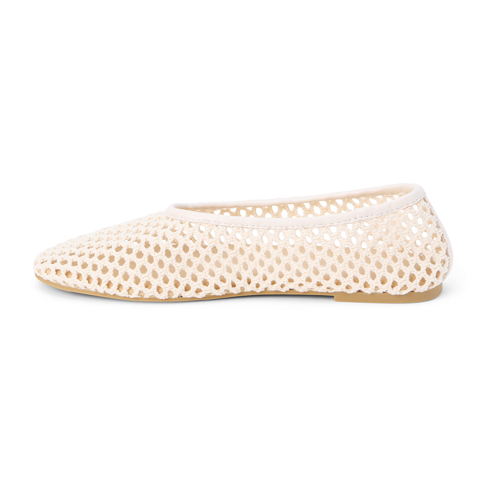 Ivory woven mesh ballet flat with a closed toe, low-profile sole, and slip-on design, shown on a white background.