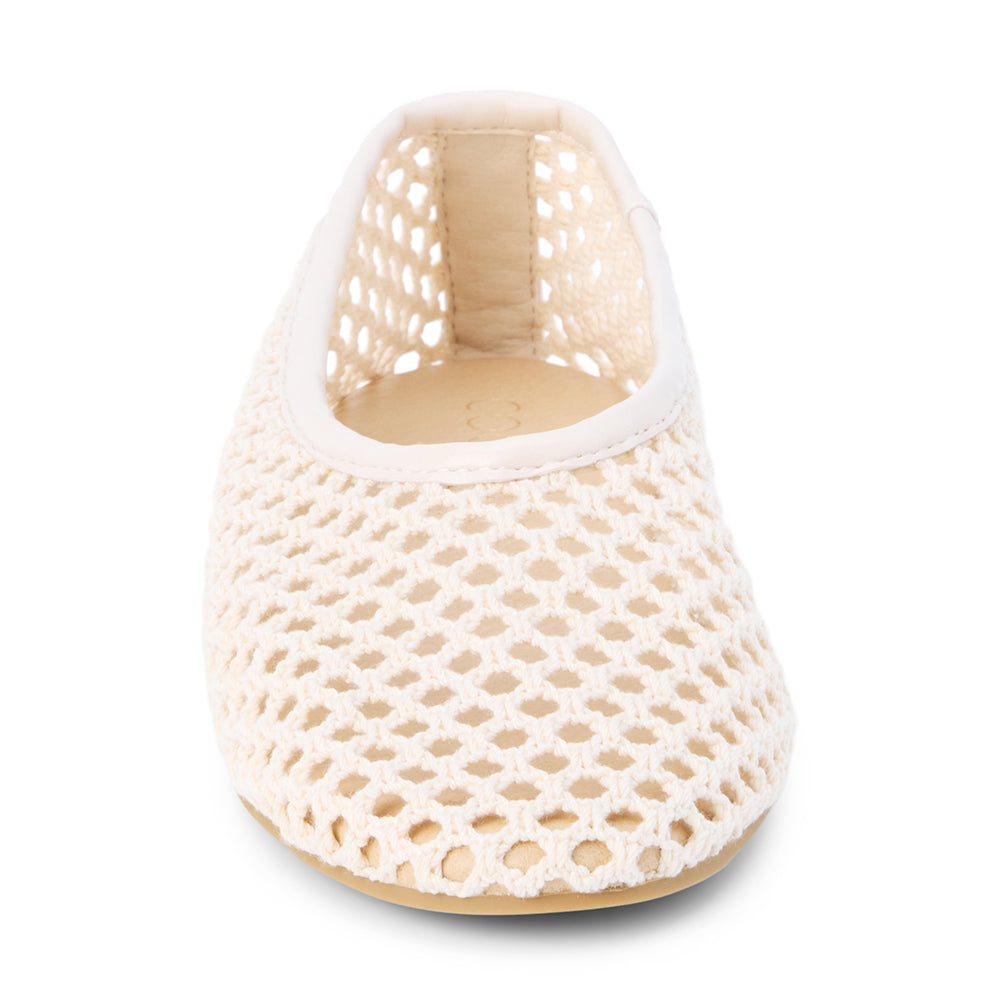 Ivory woven mesh ballet flat with a closed toe, low-profile sole, and slip-on design, shown on a white background.