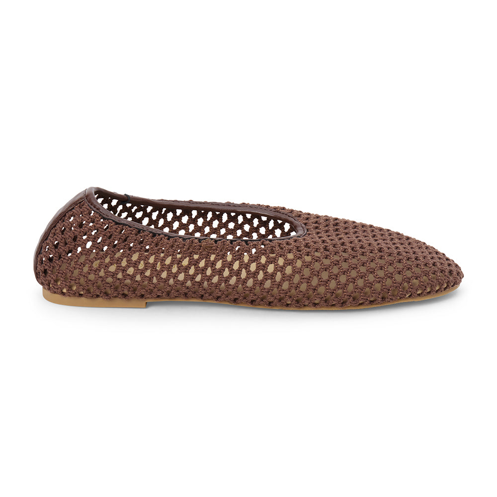 Chocolate brown woven mesh ballet flat with a closed toe, low-profile sole, and slip-on design, shown in side profile on a white background.