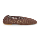 Chocolate brown woven mesh ballet flat with a closed toe, low-profile sole, and slip-on design, shown in side profile on a white background.