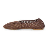 Chocolate brown woven mesh ballet flat with a closed toe, low-profile sole, and slip-on design, shown in side profile on a white background.