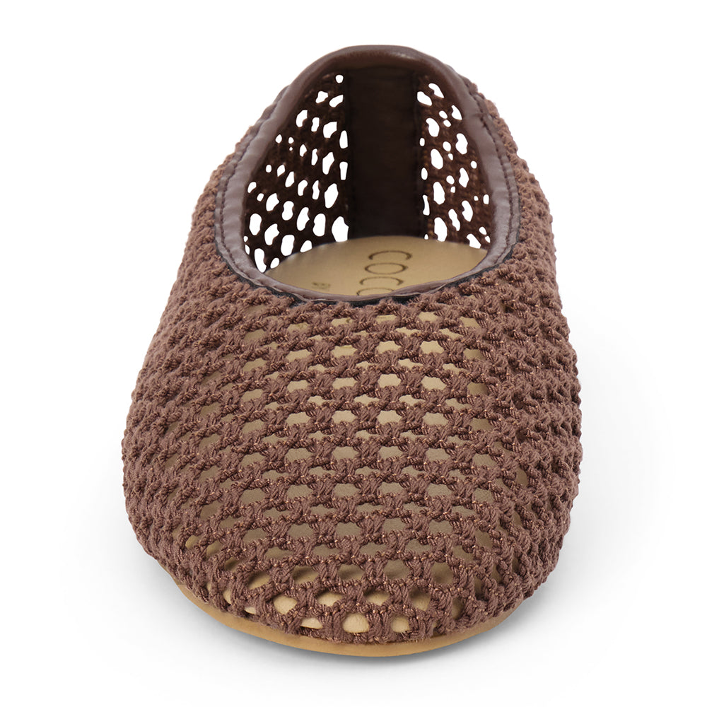 Chocolate brown woven mesh ballet flat with a closed toe, low-profile sole, and slip-on design, shown in front profile on a white background.