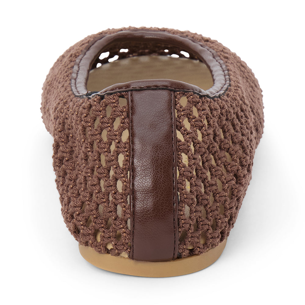 Chocolate brown woven mesh ballet flat with a closed toe, low-profile sole, and slip-on design, shown in back profile on a white background.