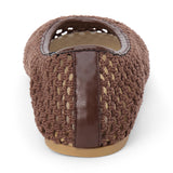 Chocolate brown woven mesh ballet flat with a closed toe, low-profile sole, and slip-on design, shown in back profile on a white background.