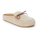 Tan suede clog with a moc-style apron toe, decorative leather bow, and backless silhouette shown on a white background.