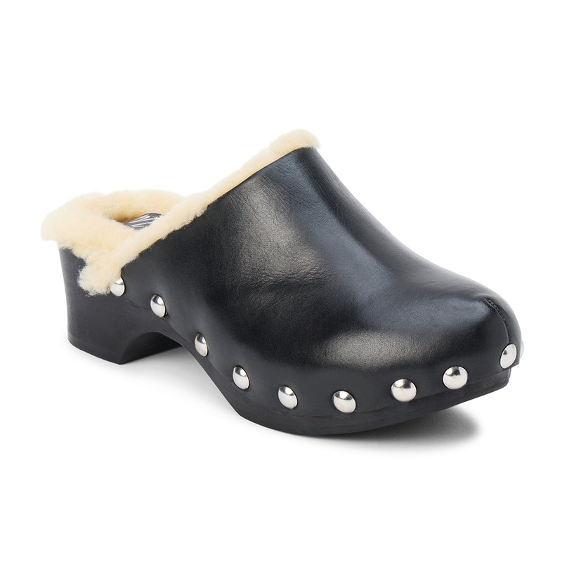 Mayfair Clog – Matisse – Shearling-lined leather clog with wooden sole and silver stud detailing.