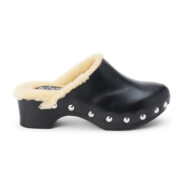 Mayfair Clog – Matisse – Shearling-lined leather clog with wooden sole and silver stud detailing.