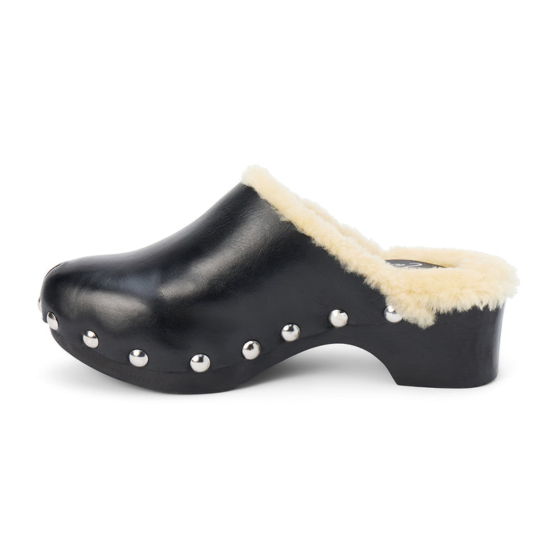 Mayfair Clog – Matisse – Shearling-lined leather clog with wooden sole and silver stud detailing.