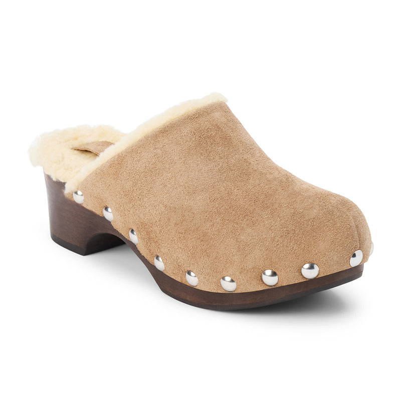 Mayfair Clog – Matisse – Shearling-lined suede clog with wooden sole and silver stud detailing.
