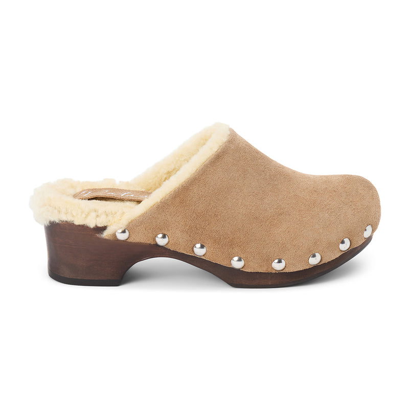 Mayfair Clog – Matisse – Shearling-lined suede clog with wooden sole and silver stud detailing.
