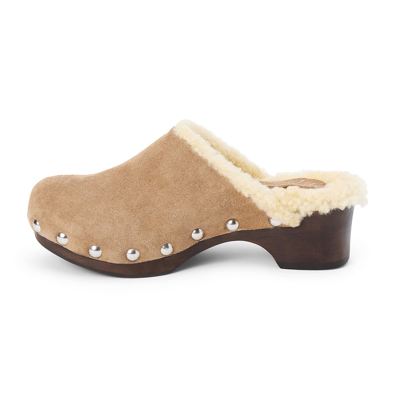Mayfair Clog – Matisse – Shearling-lined suede clog with wooden sole and silver stud detailing.