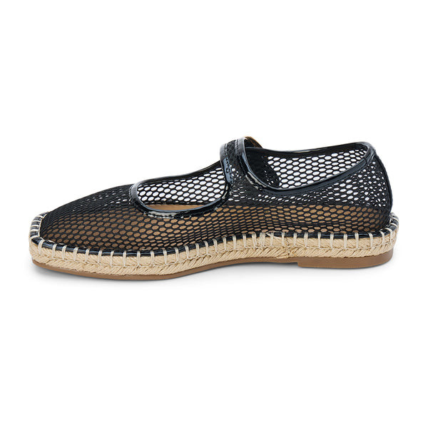 Meg Mary Jane Flat - Matisse Footwear - Black mesh Mary Jane flats with a breathable open-knit design, glossy patent strap, and gold-tone buckle. A stylish blend of espadrille-inspired details and modern femininity for effortless warm-weather wear.