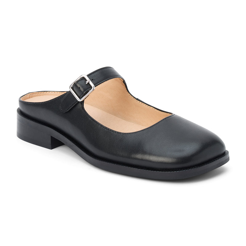 Merlin Mary Jane Mule – Matisse – Black leather Mary Jane mule with buckle strap and low block heel.