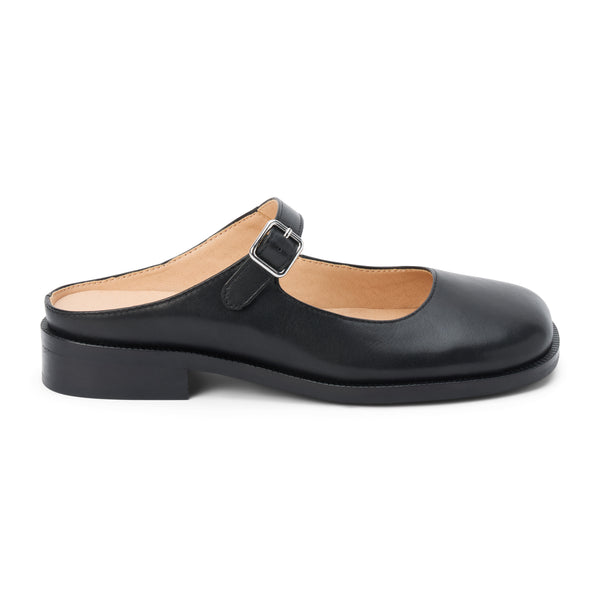 Merlin Mary Jane Mule – Matisse – Black leather Mary Jane mule with buckle strap and low block heel.