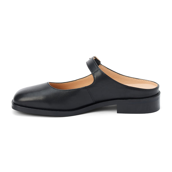 Merlin Mary Jane Mule – Matisse – Black leather Mary Jane mule with buckle strap and low block heel.