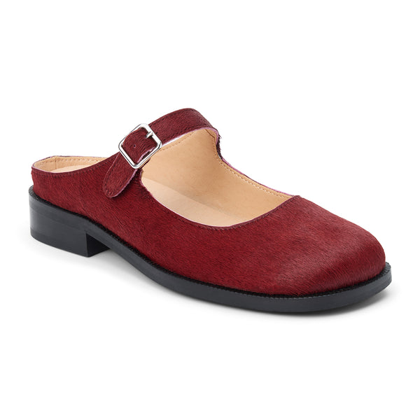 Merlin Mary Jane Mule – Matisse – Burgundy calf hair Mary Jane mule with buckle strap and low block heel.