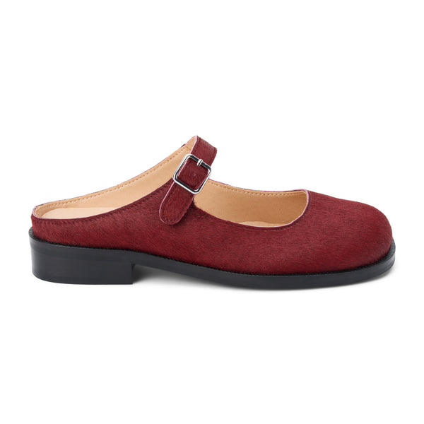Merlin Mary Jane Mule – Matisse – Burgundy calf hair Mary Jane mule with buckle strap and low block heel.