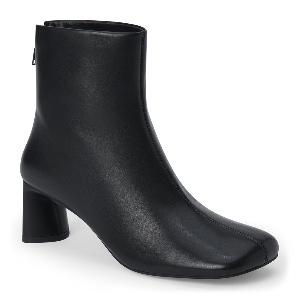 Black leather ankle boot with a square toe, low flared heel, and side zipper shown on a white background.