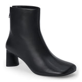 Black leather ankle boot with a square toe, low flared heel, and side zipper shown on a white background.