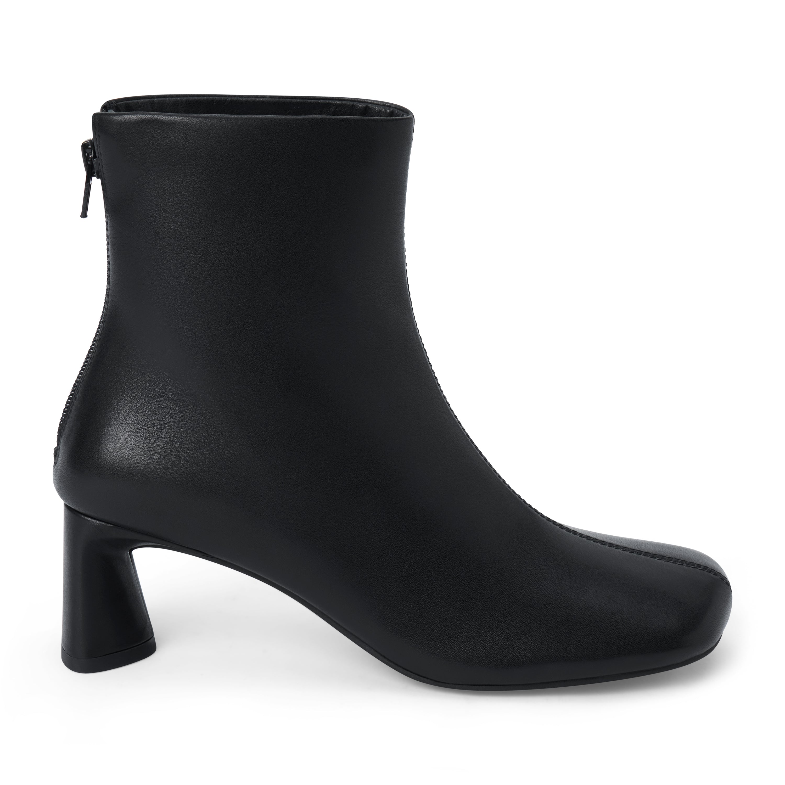 Black leather ankle boot with a square toe, low flared heel, and side zipper shown on a white background.