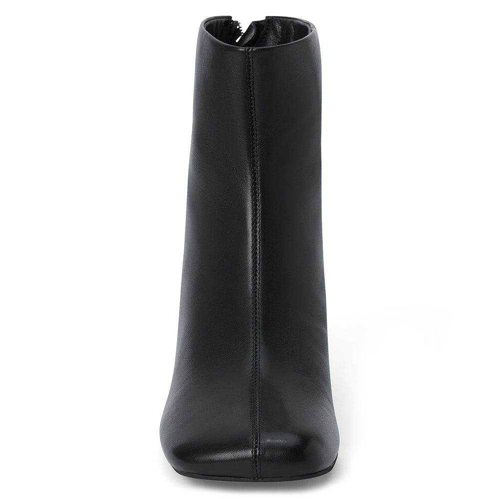 Black leather ankle boot with a square toe, low flared heel, and side zipper shown on a white background.