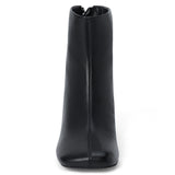 Black leather ankle boot with a square toe, low flared heel, and side zipper shown on a white background.