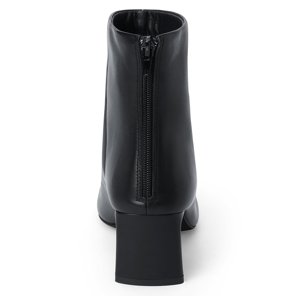 Black leather ankle boot with a square toe, low flared heel, and side zipper shown on a white background.