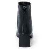 Black leather ankle boot with a square toe, low flared heel, and side zipper shown on a white background.