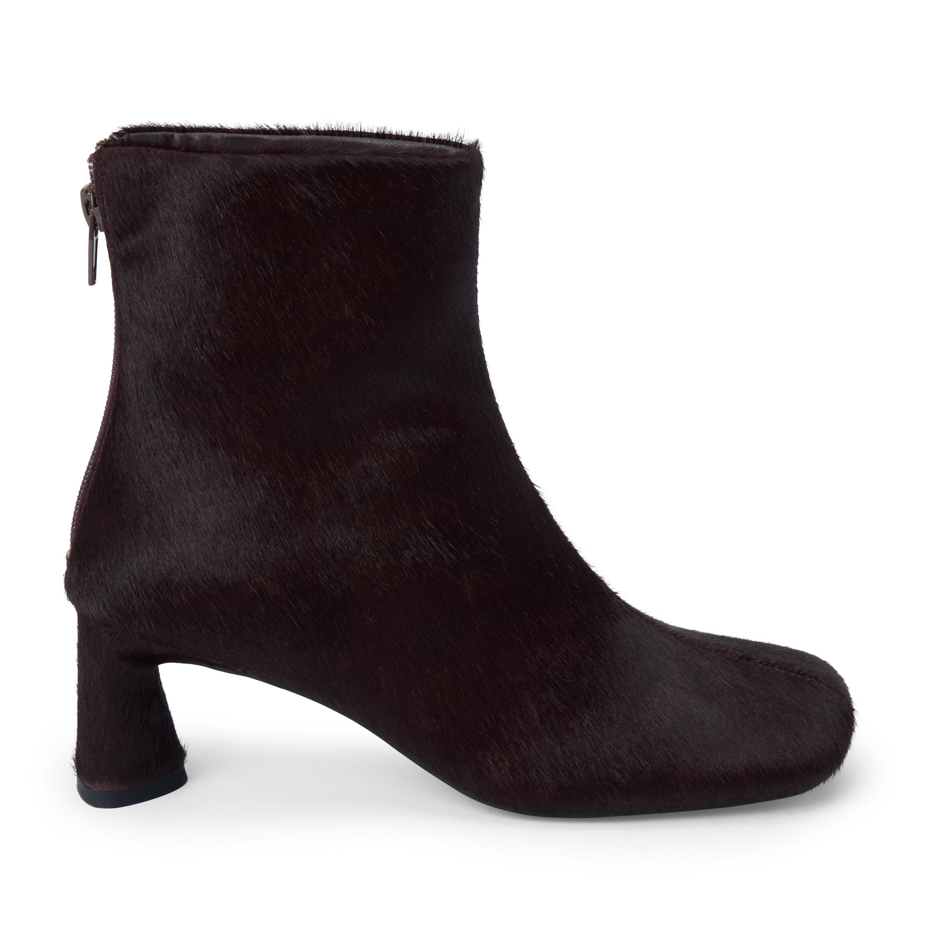 Dark purple cow hair ankle boot with a square toe, low flared heel, and side zipper shown on a white background.