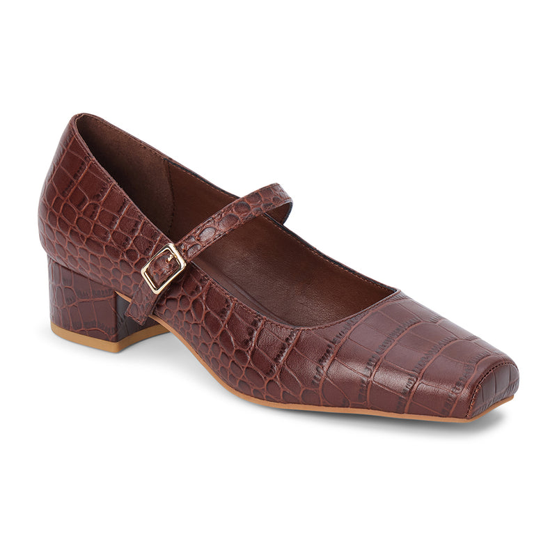 Mirabelle Mary Jane Heel - Matisse Footwear - Brown croc-embossed Mary Jane heel with square toe and adjustable strap.