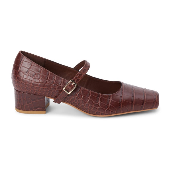 Mirabelle Mary Jane Heel - Matisse Footwear - Brown croc-embossed Mary Jane heel with square toe and adjustable strap.