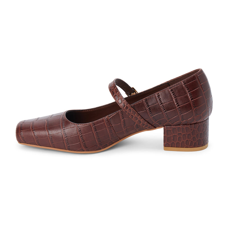 Mirabelle Mary Jane Heel - Matisse Footwear - Brown croc-embossed Mary Jane heel with square toe and adjustable strap.