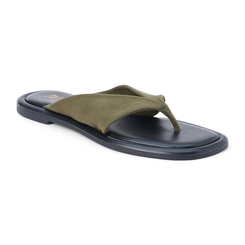 Green suede flip flop sandal with wide strap and toe loop shown on a white background.