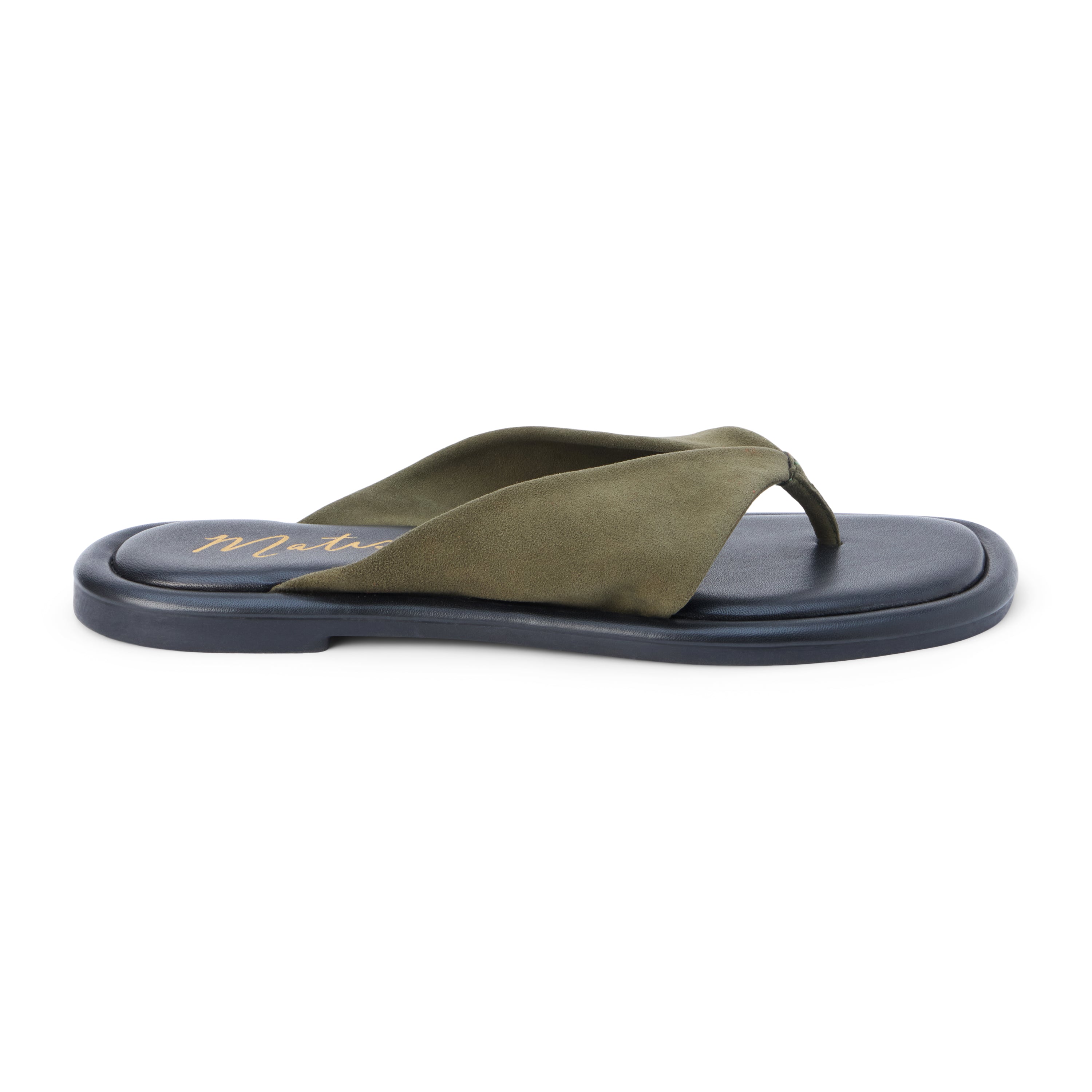 Green suede flip flop sandal with wide strap and toe loop shown on a white background.