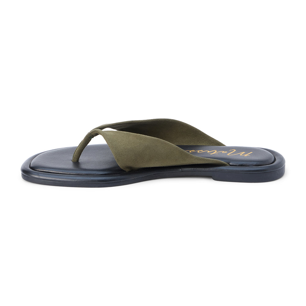 Green suede flip flop sandal with wide strap and toe loop shown on a white background.