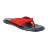 Red suede flip flop sandal with wide strap and toe loop shown on a white background.