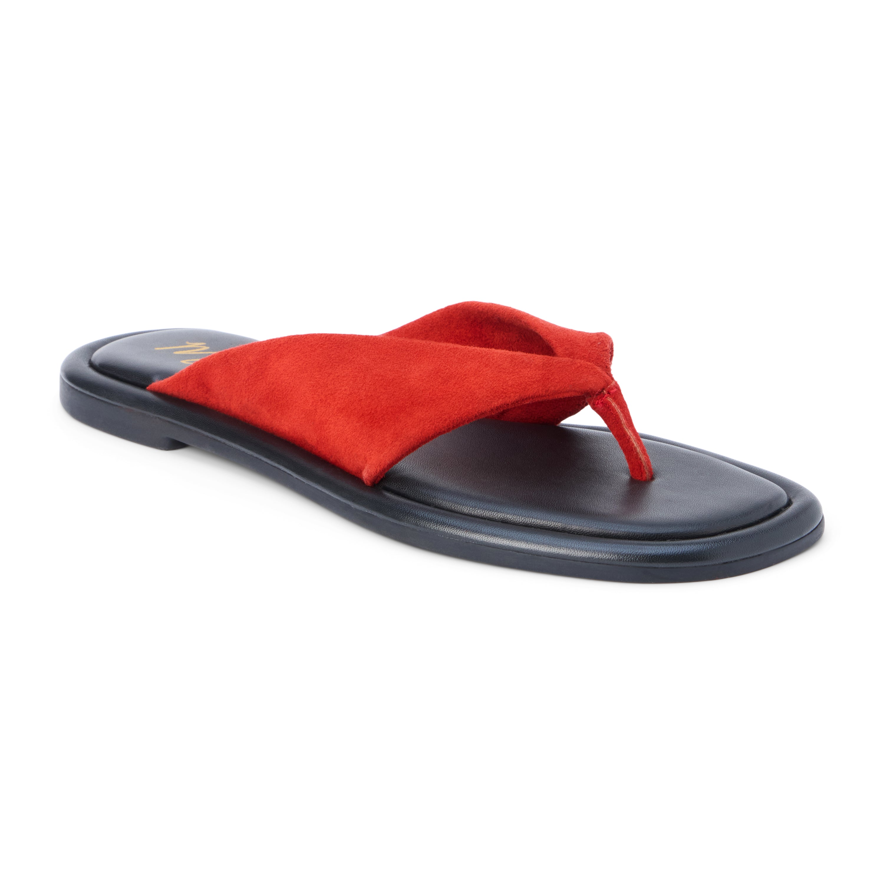 Red suede flip flop sandal with wide strap and toe loop shown on a white background.