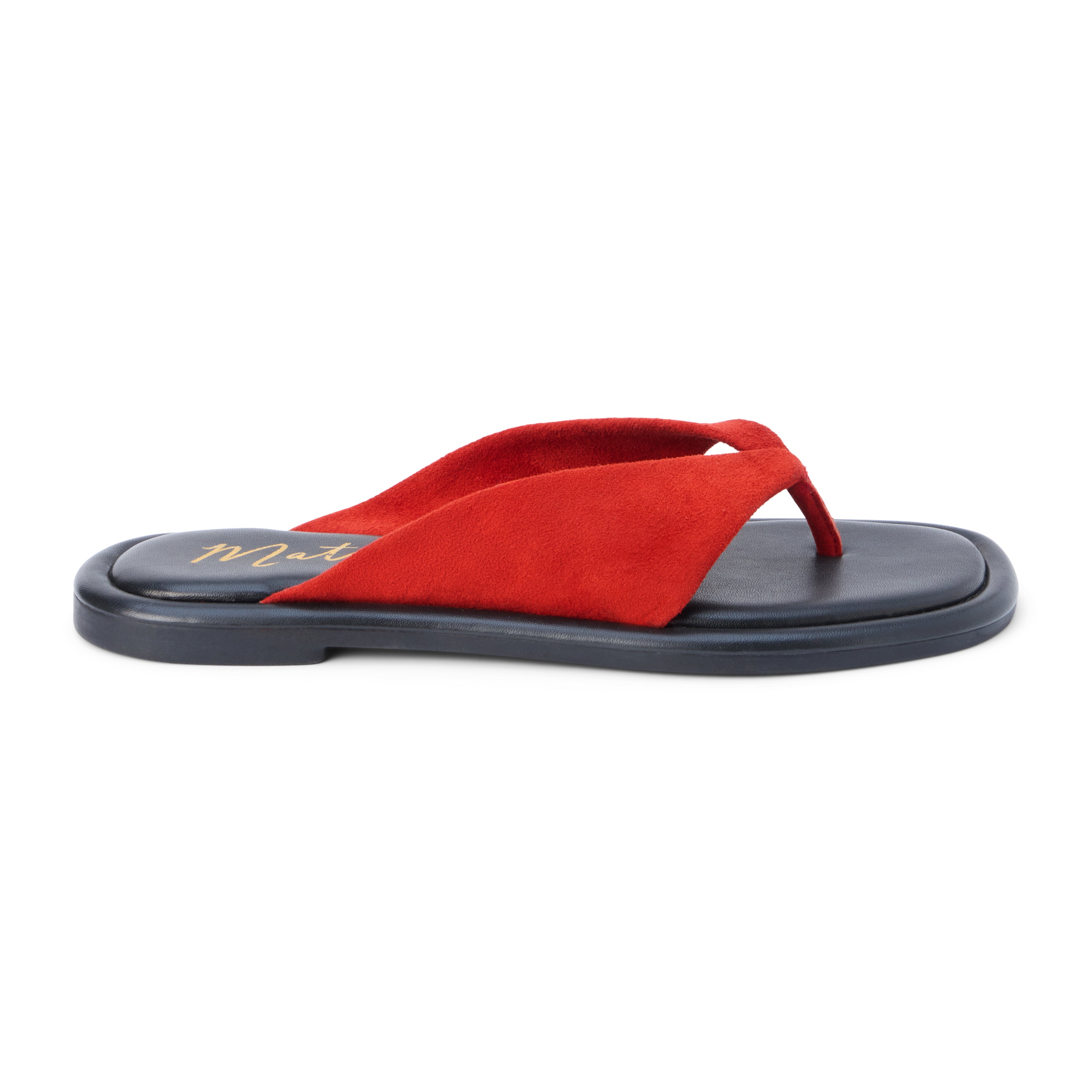 Red suede flip flop sandal with wide strap and toe loop shown on a white background.