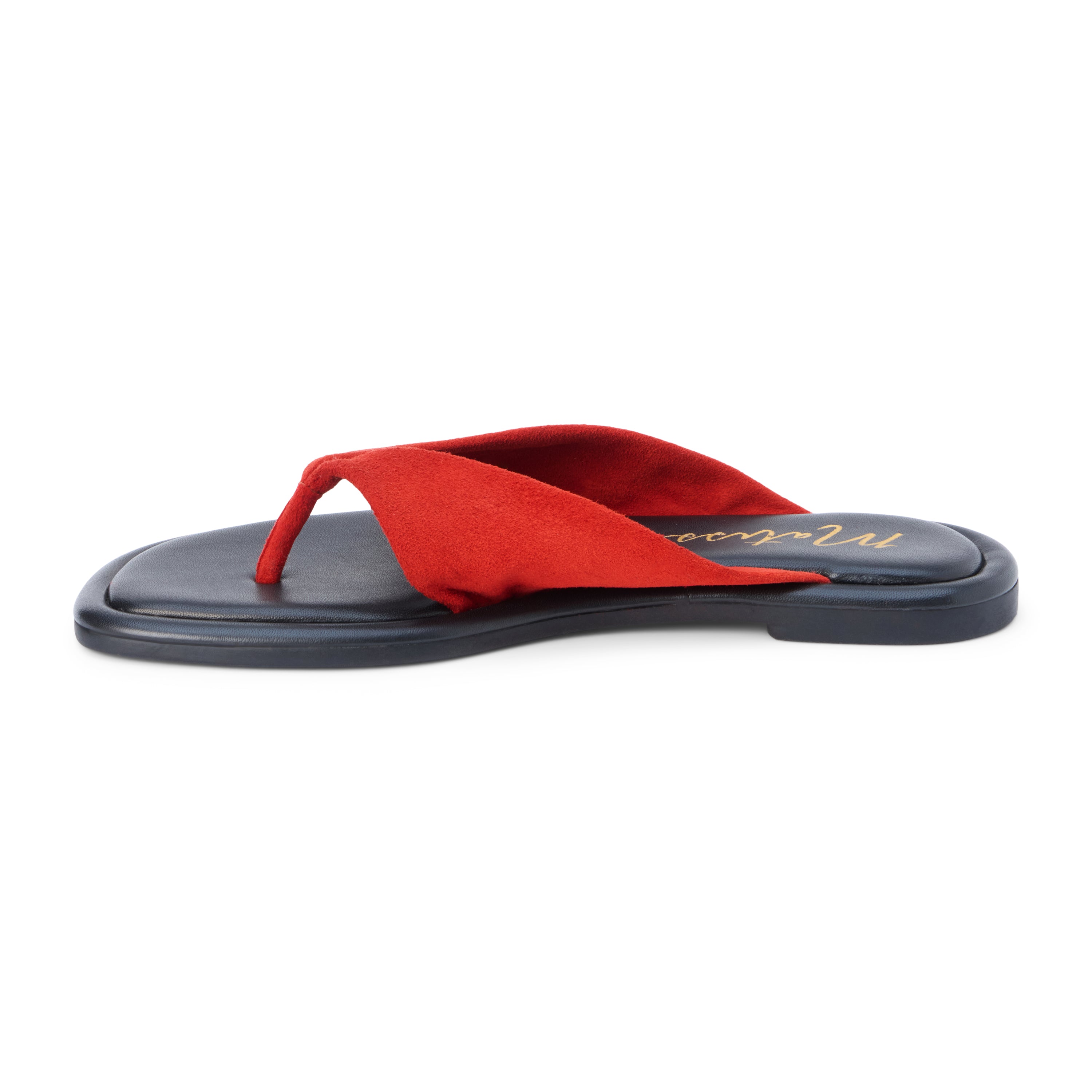 Red suede flip flop sandal with wide strap and toe loop shown on a white background.