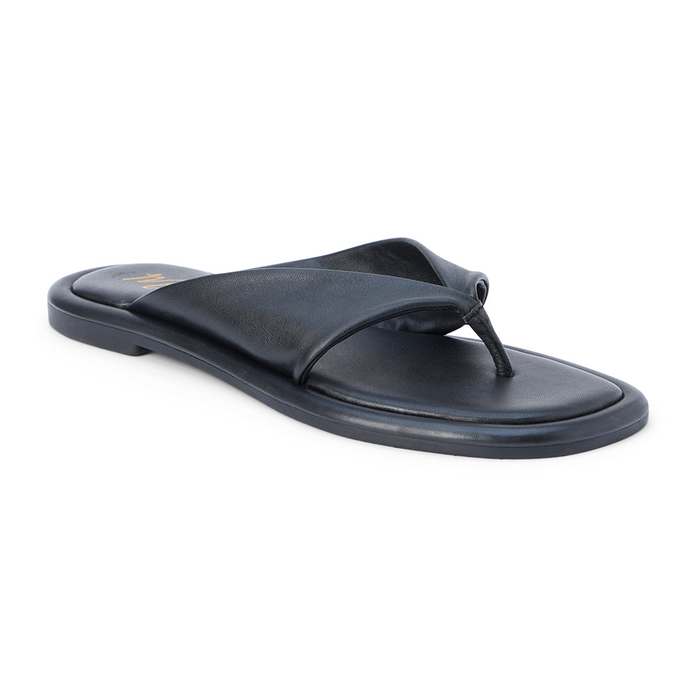 Black leather flip flop sandal with wide strap and toe loop shown on a white background.