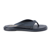 Black leather flip flop sandal with wide strap and toe loop shown on a white background.