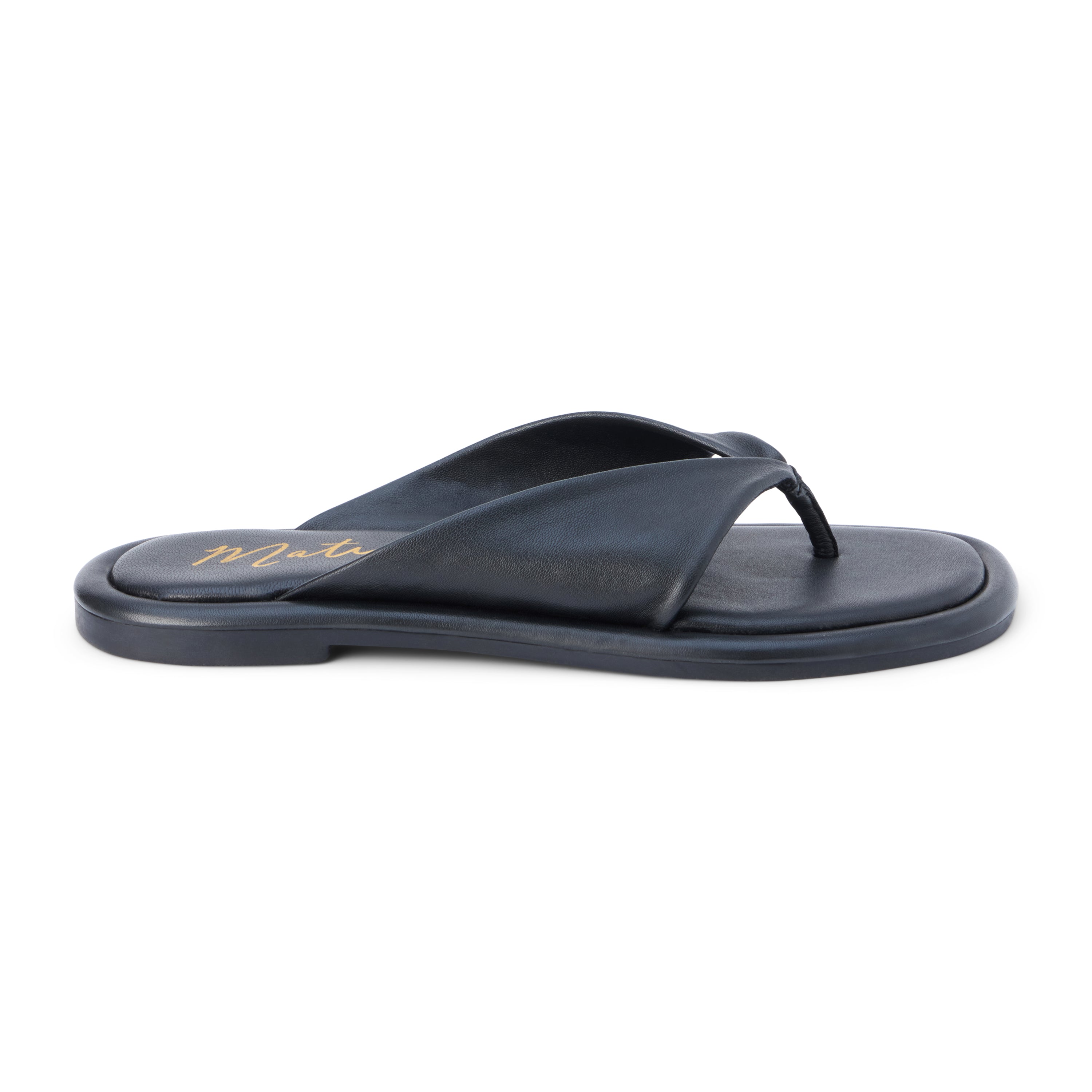 Black leather flip flop sandal with wide strap and toe loop shown on a white background.