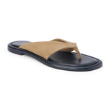 Tan suede flip flop sandal with wide strap and toe loop shown on a white background.