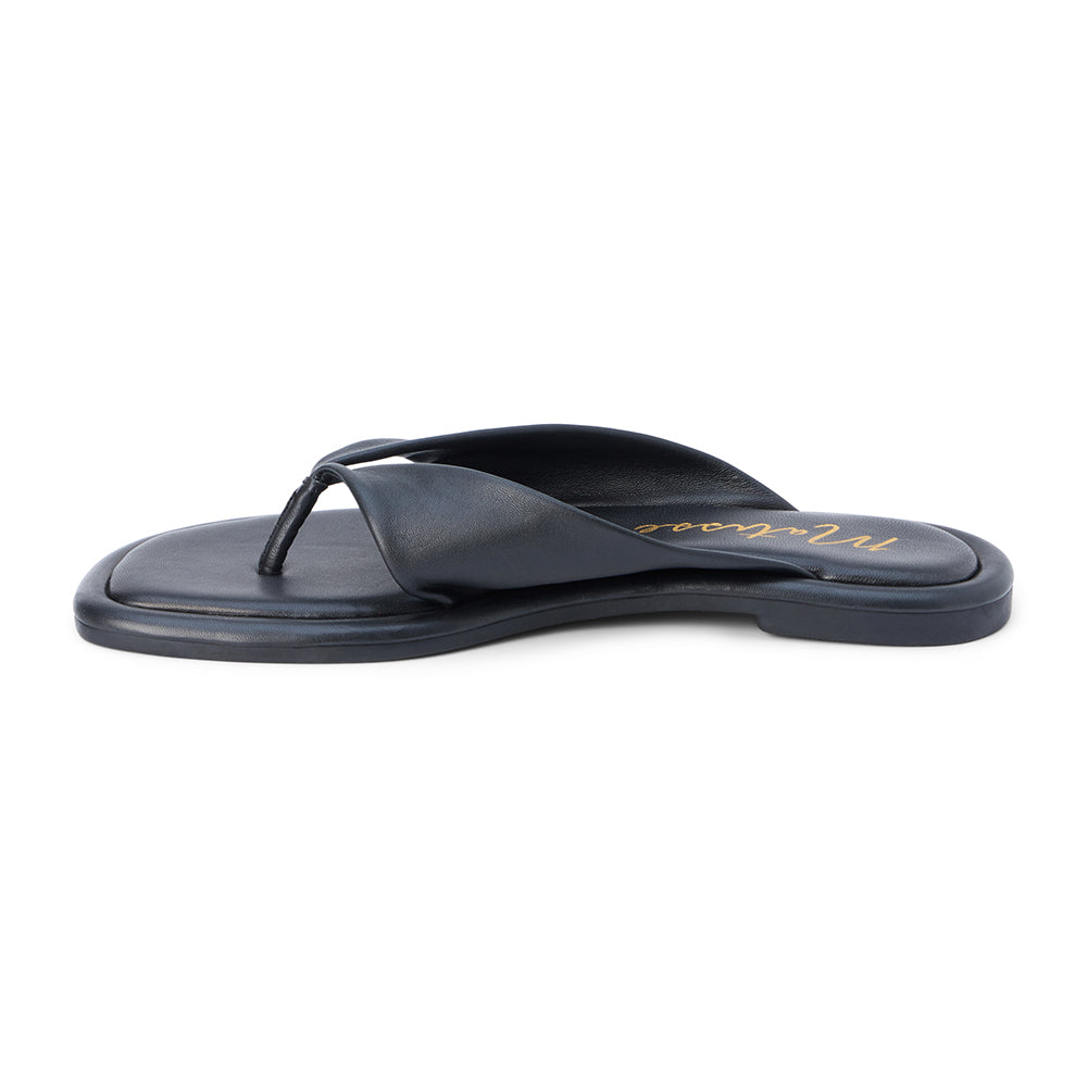 Black leather flip flop sandal with wide strap and toe loop shown on a white background.