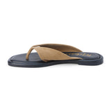 Tan suede flip flop sandal with wide strap and toe loop shown on a white background.